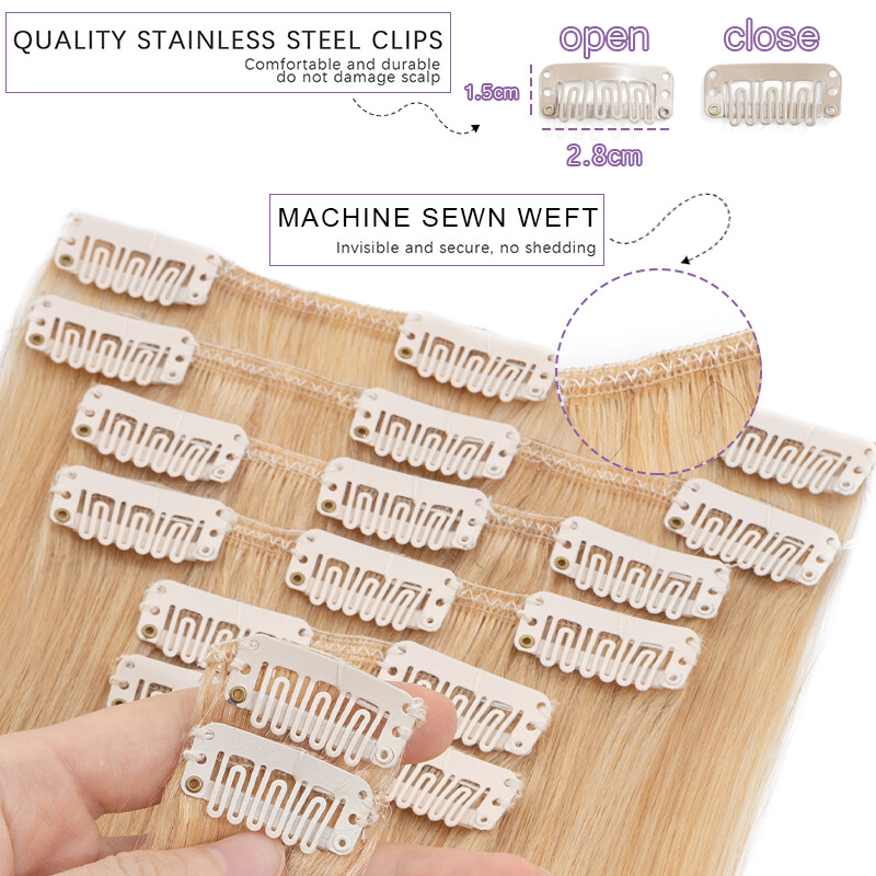 Real Remy Hair Clip In 100% Human Hair Extensions 8Pieces with 18Clips Full Head
