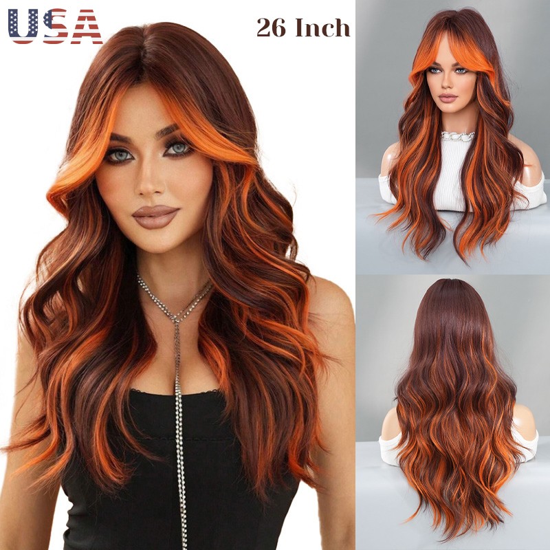 Womens Long Body Wavy Wig Black Brown with Orange Highlights Synthetic Hair Soft