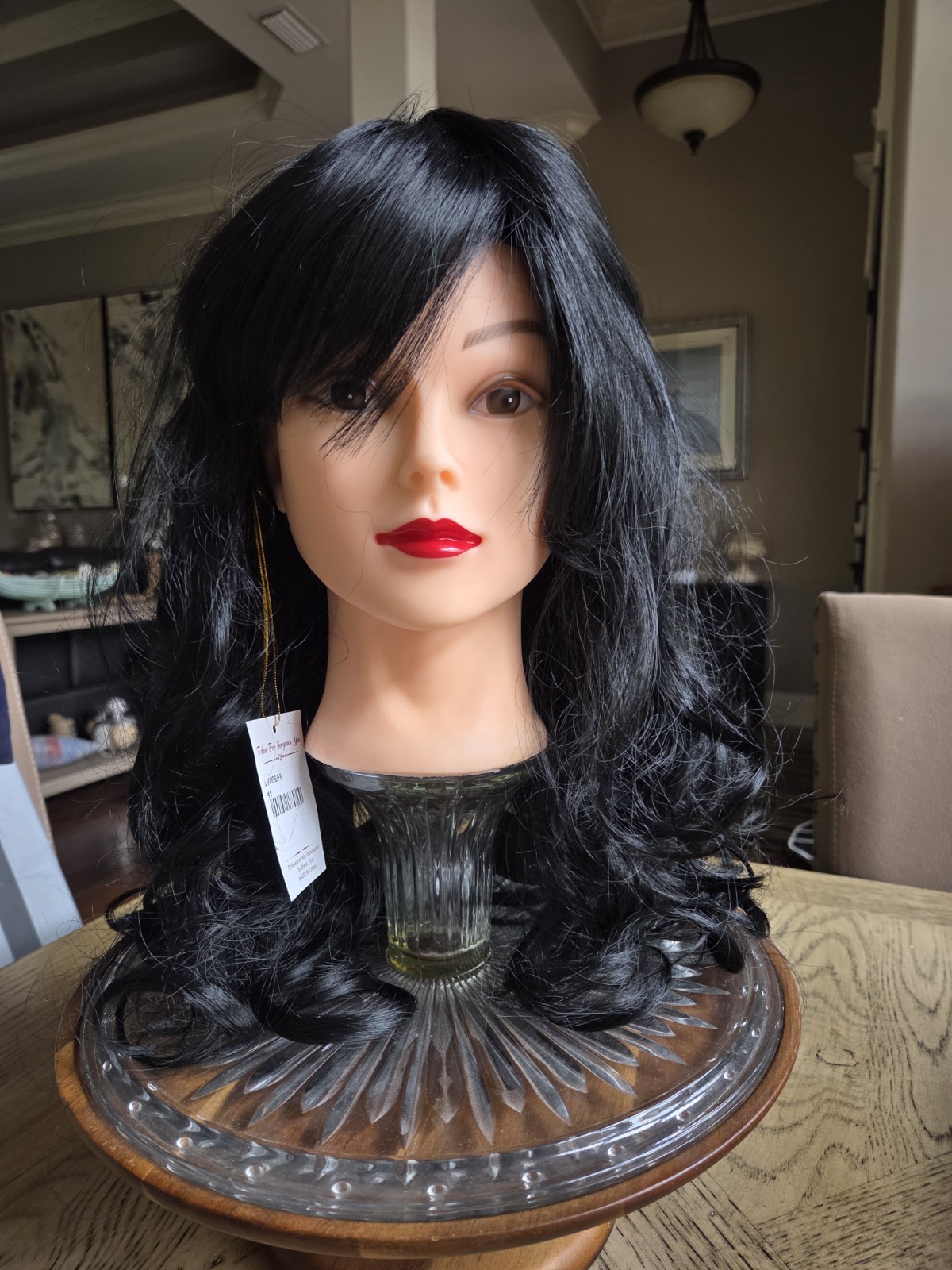 Wig Long Black Tousled Curls Layered With Bangs Jet Black Adjustable New