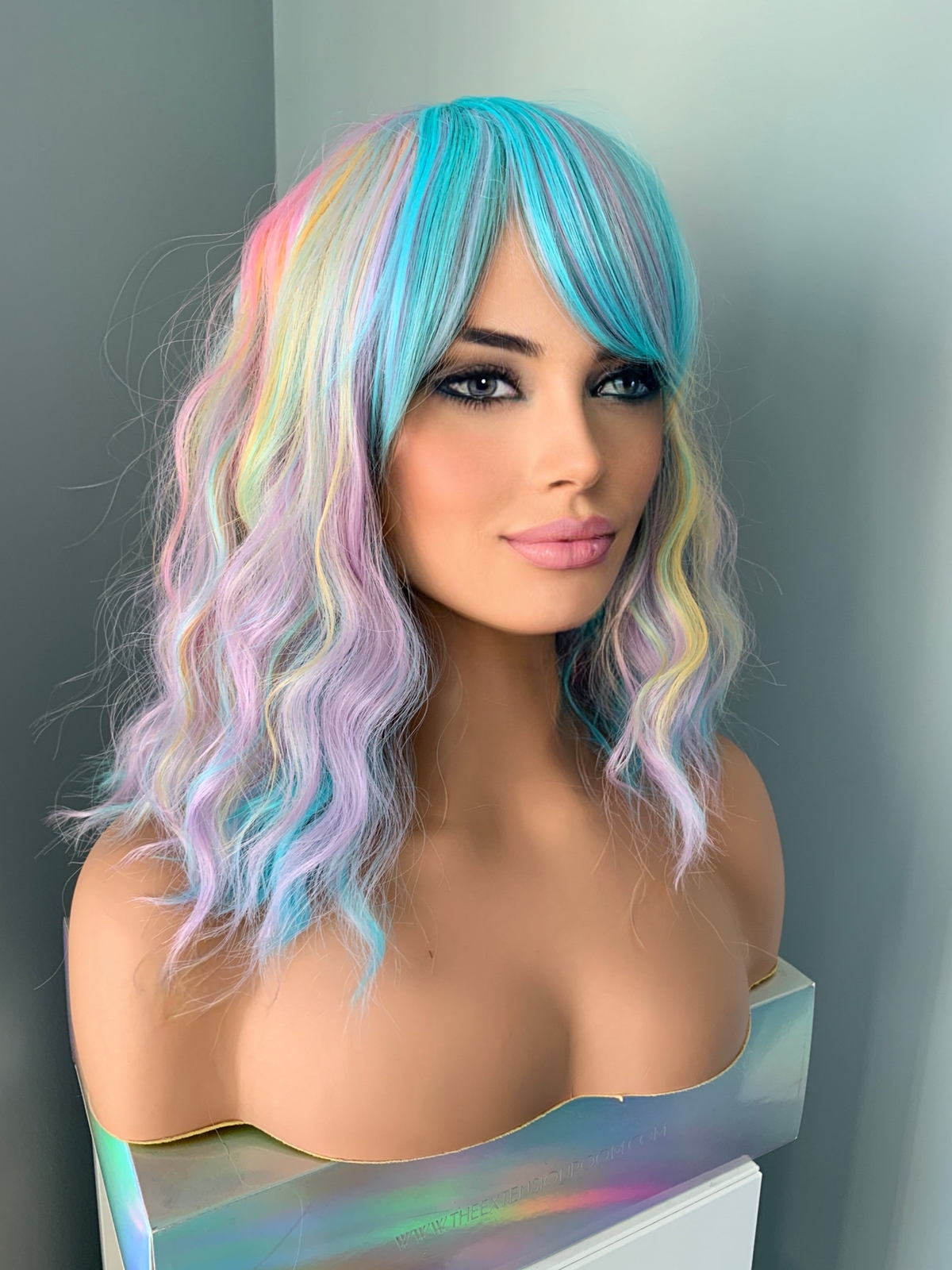 Pastel Rainbow Wig with Bangs Body Wave Multi-color Wig, 14 Inch Costume Cosplay