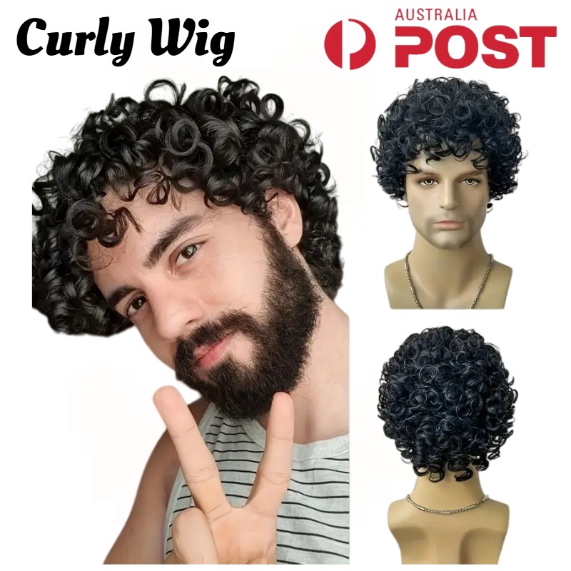 Mens Black Curly Wig African Short Beanie Hairpieces Male Universal Cosplay Wigs