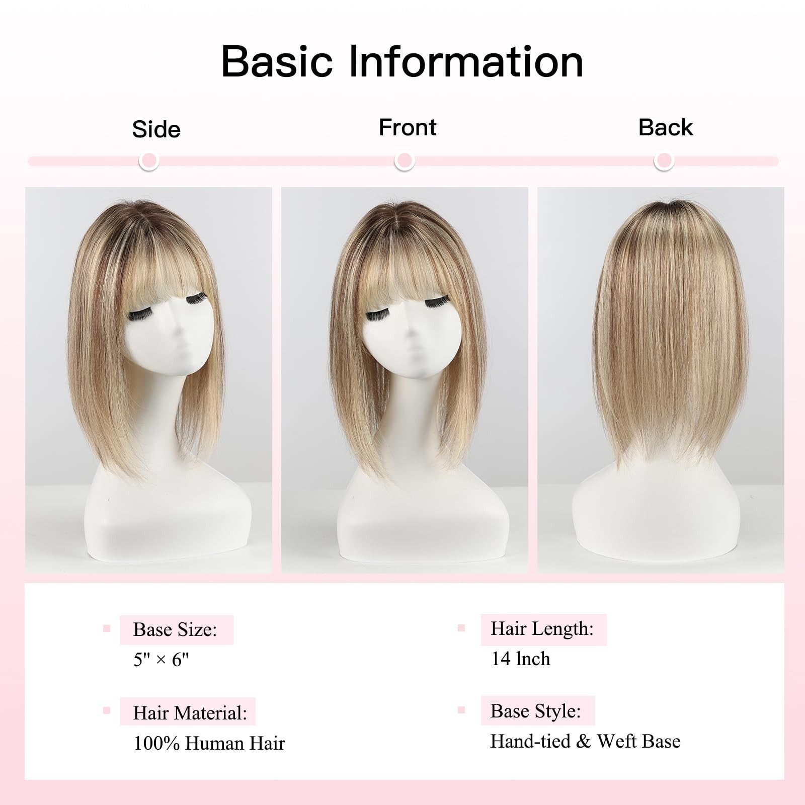 14″ Human Hair Topper for Women – Swiss Lace Base, Non-Slip Clips, Natural Look,
