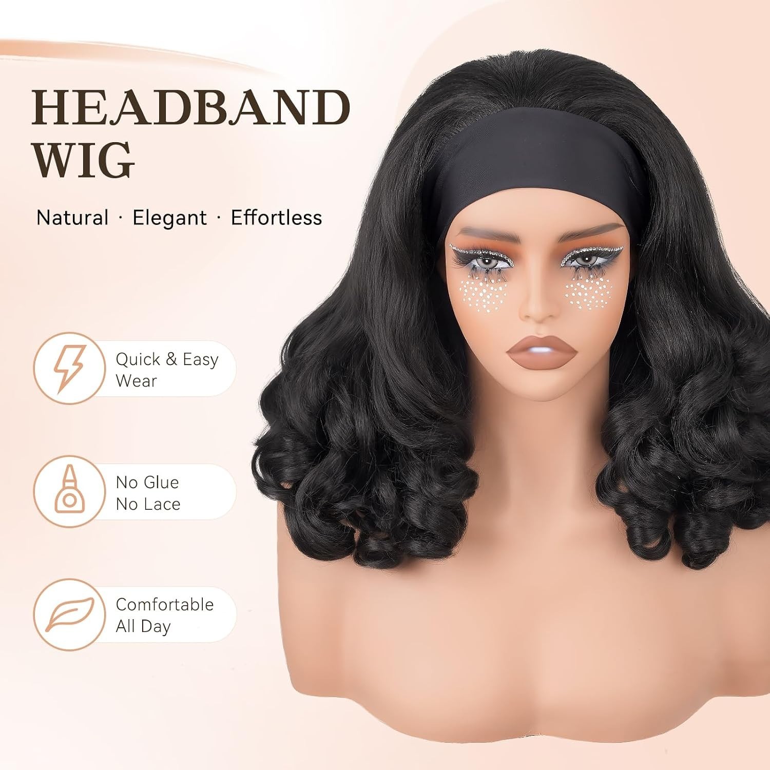 Loose Curly Headband Wig for Black Women Yaki Curly Half Wig Black,16 Inch