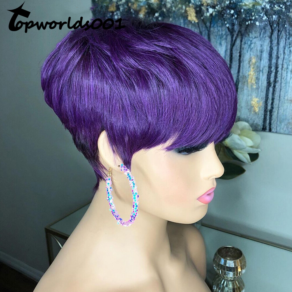 100% Human Hair Wigs Dark Purple Pixie Cut Wigs for Fashion Women Daily Wear
