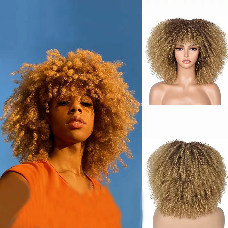 Curly Afro Wigs for Black Women Short Kinky Curly Wigs with Bangs Ombre Blonde