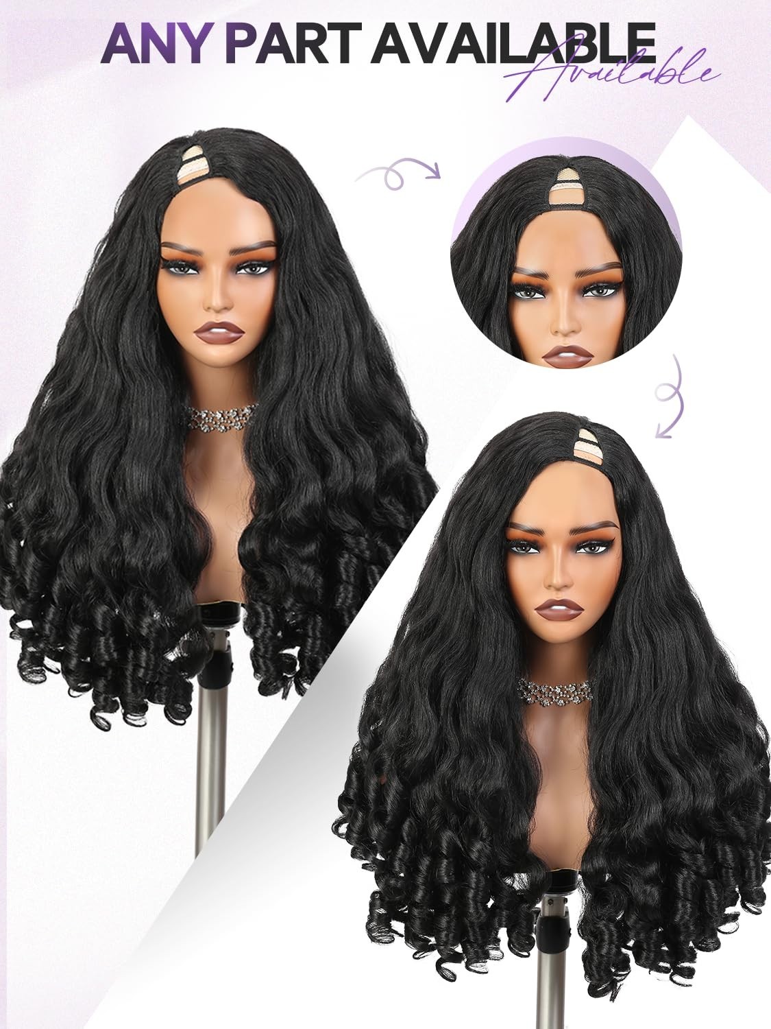 V Part Yaki Curly Wig 22 Inch Glueless Synthetic Half Wig for Black Women