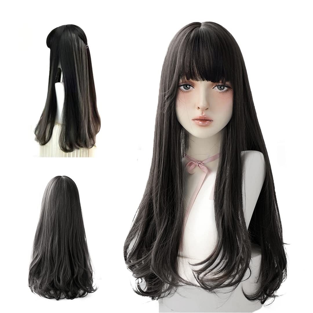 Long Black Wig With Bangs 25in Natural Looking Women Cosplay Costume Wig