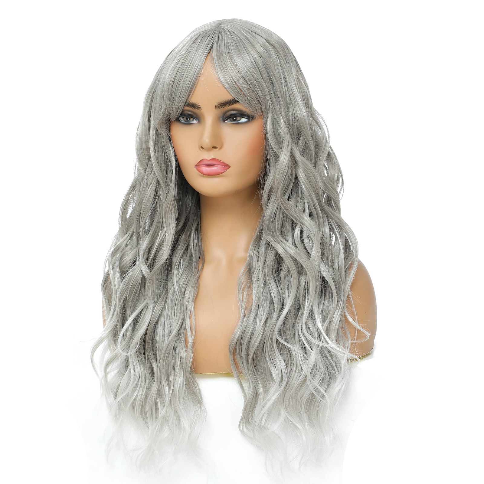 Long Curly Wavy Wig with Bangs Synthetic Hair Wig for Women with Wig Cap (Gre…