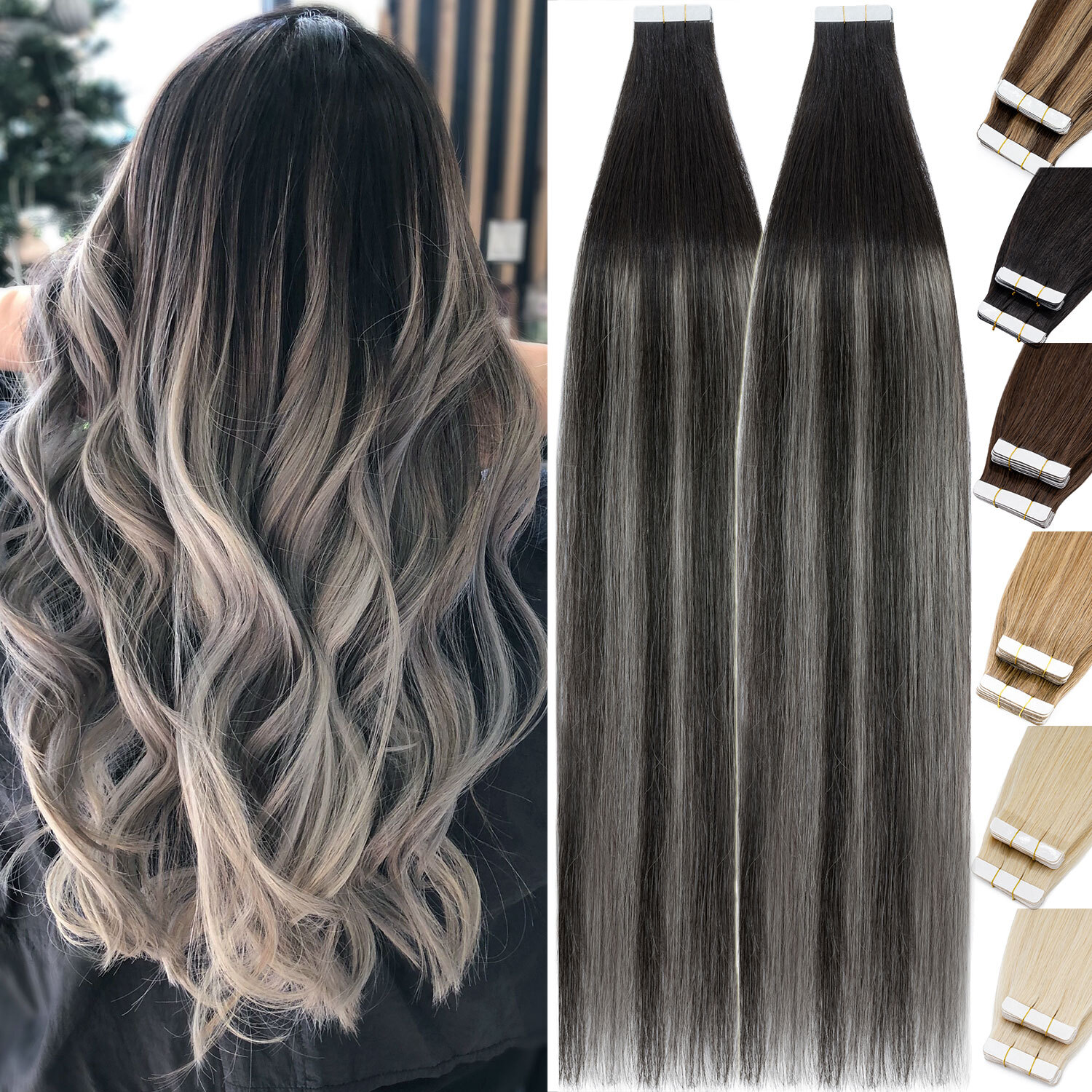 Balayage Tape In 100% Real Remy Human Hair Extensions Skin Weft Thick Full Head