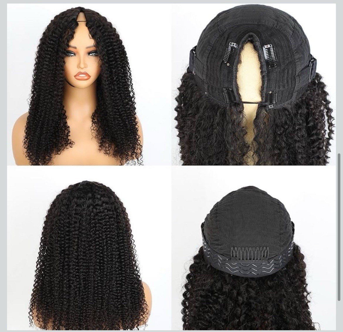 Domiso V Part Wig Human Hair Kinky Curly 16 Inch 180% Density Glueless U Part