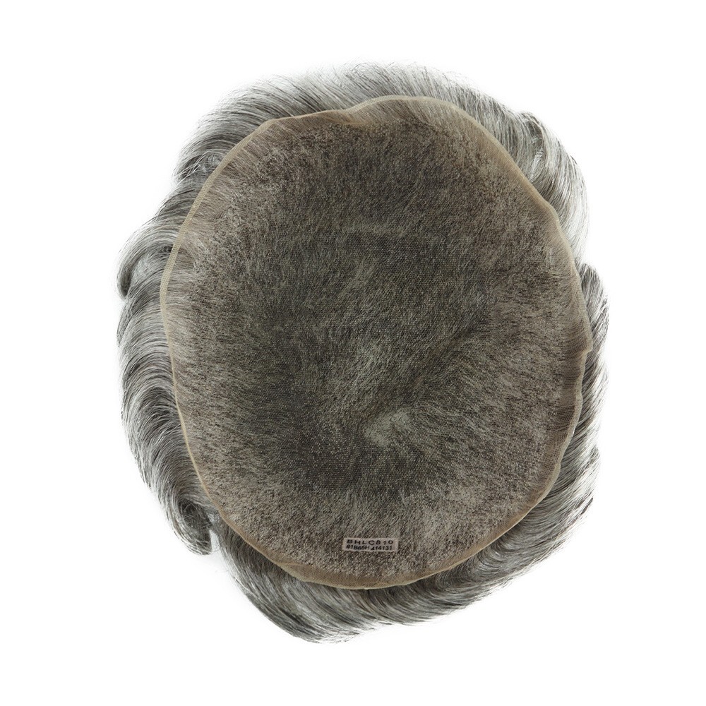 Mens Toupee French Lace Human Hair System Medium Density Grey Hair Pieces #1B65
