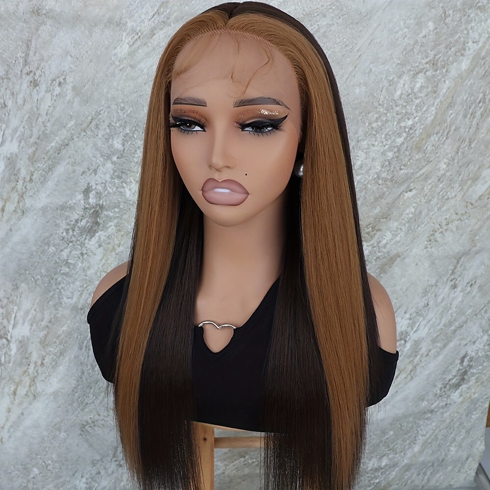 Blonde Highlights Dark Brown Color Hair Lace Front Wigs Synthetic Women Party