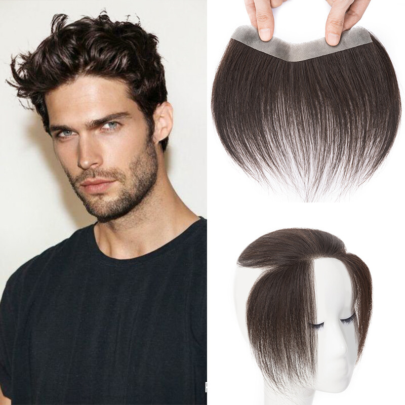 Mens Hairline Toupee Men Frontal Hairpiece V-Shape PU Thin Skin Remy Human Hair