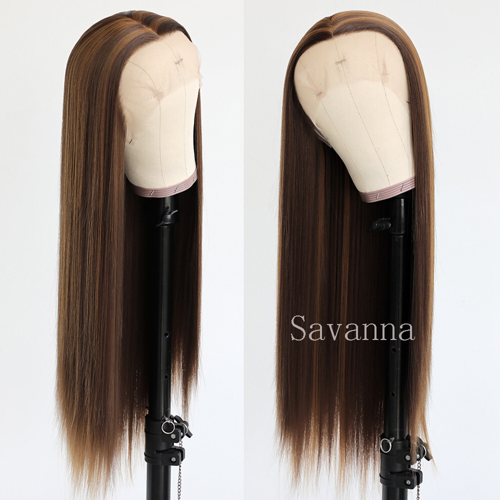 Natural Hair Wig Straight Heat Resistant Synthetic Lace Front Wigs Mixed Color