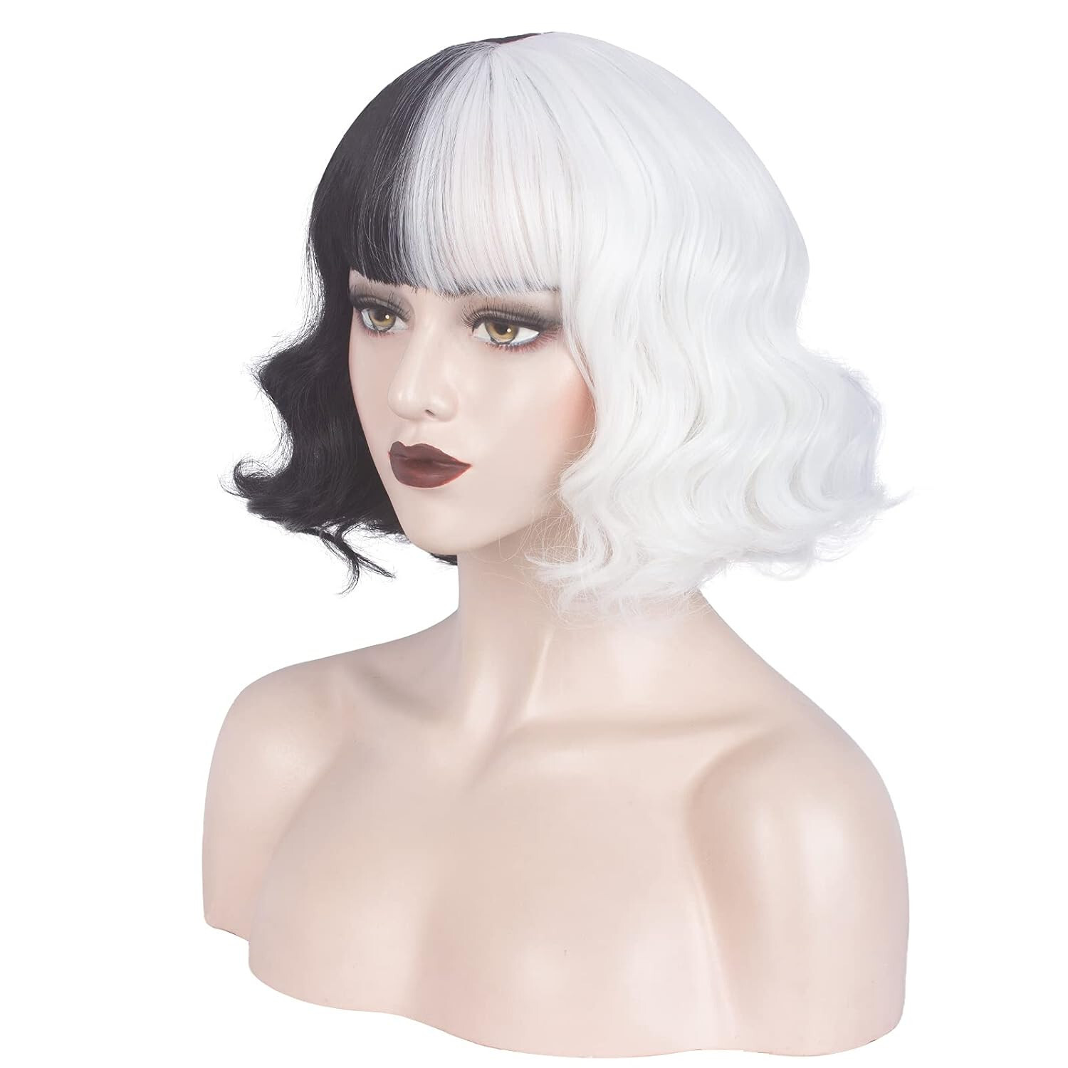WeKen Short Half Black White Wig woman teen wavy bangs cosplay stage costume