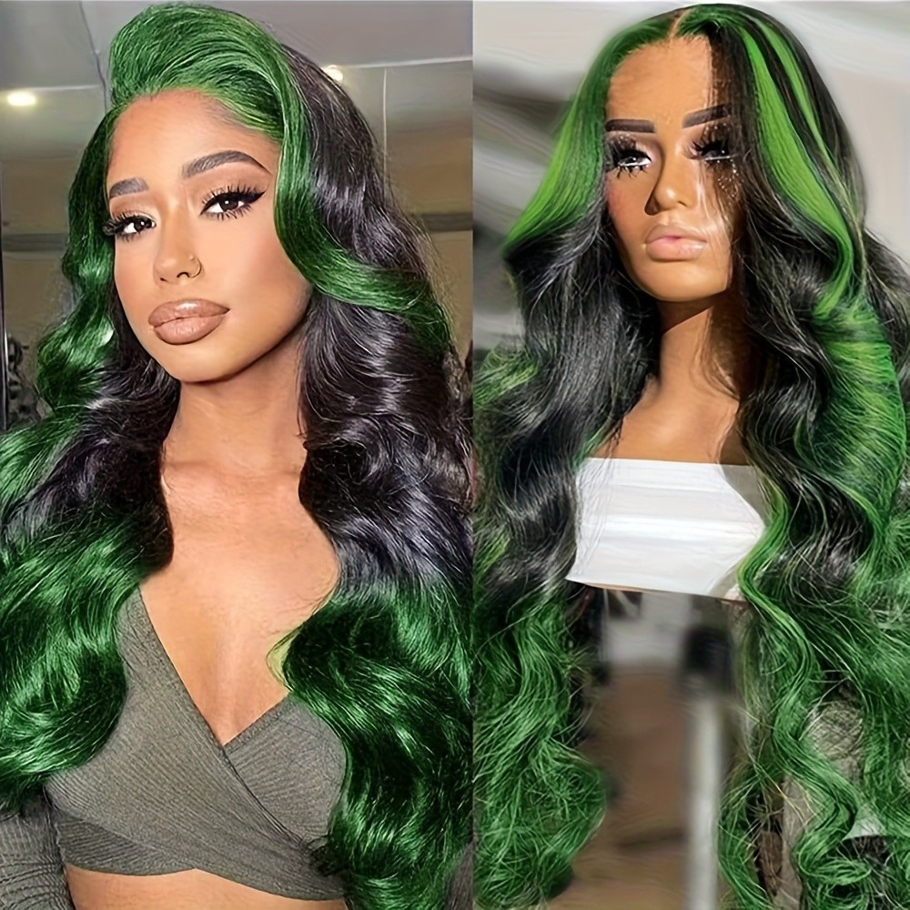 Green Highlights Ombre Black Lace Front Wigs 13×4 Free Part Glueless Body Wave