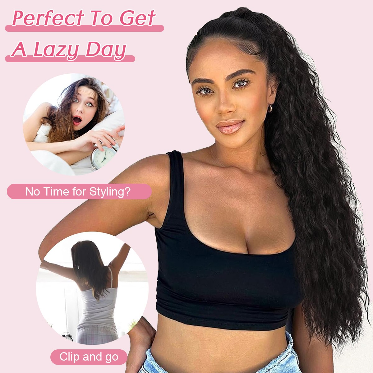 Ponytail Extension Claw on Clip in Curly Wavy Synthetic Hair One Piece 30″ Thick