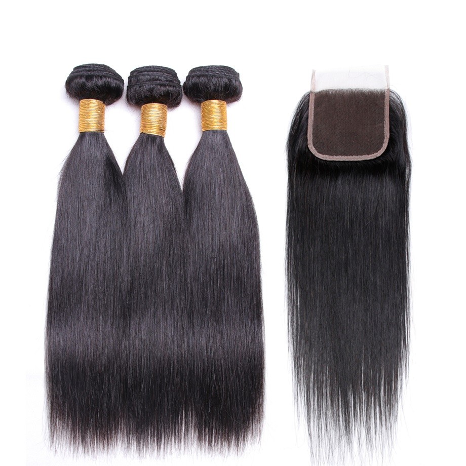 Premium Hair Straight 3 Bundles With 4*4 Free Part Lace Closure Natural Black