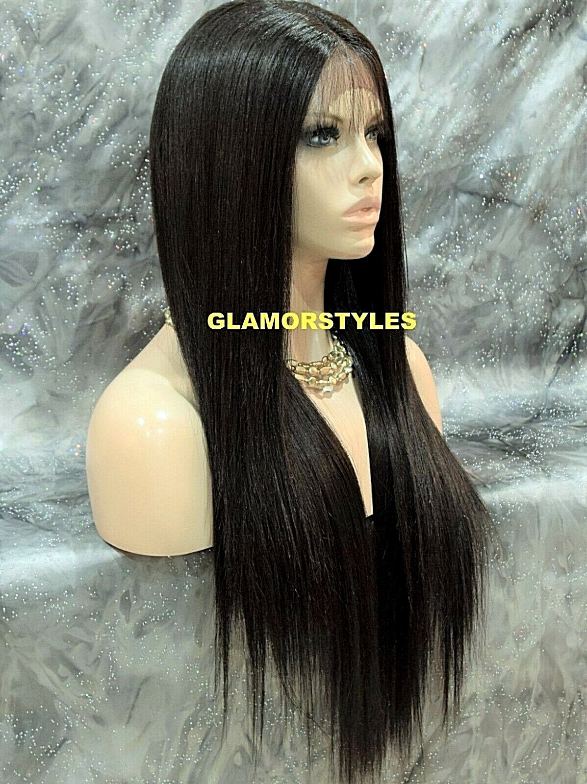 LACE FRONT FULL WIG LONG STRAIGHT LAYERED MIDDLE PART JET BLACK #1 HEAT OK