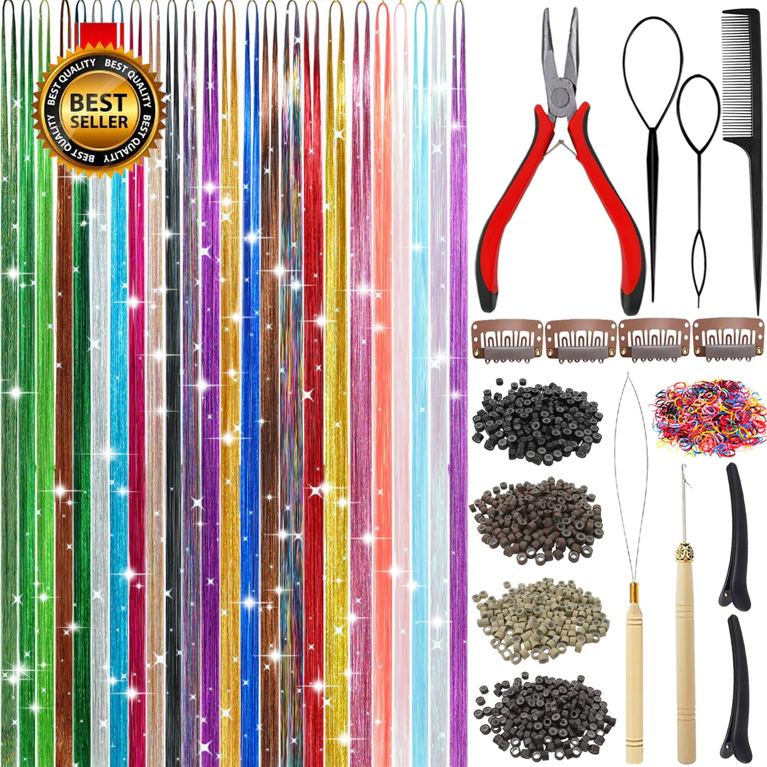 Hair Tinsel, 24 Colors 9800 Strands Hair Tinsel Kit with Tools 48 Inch Glitter T