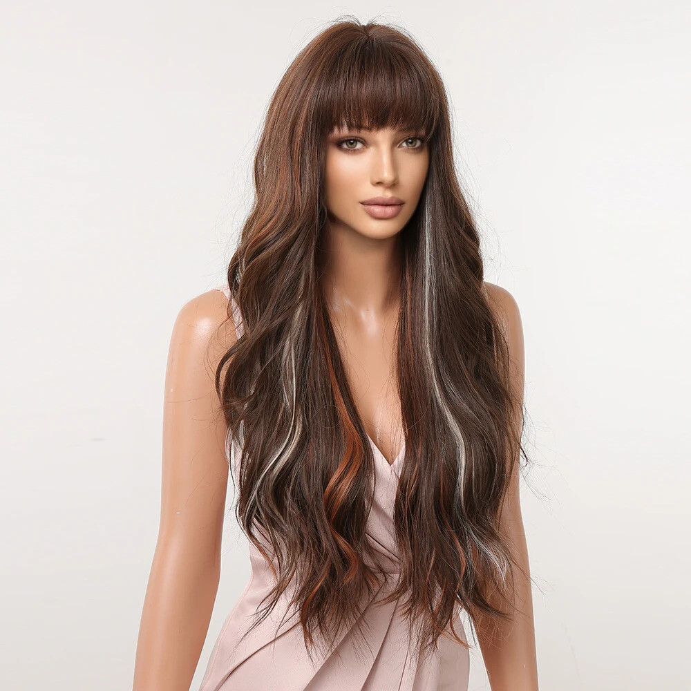Brown Mixed Red Wig Long Wavy Wigs with Bangs Blonde Cosplay Wig Natural Hair
