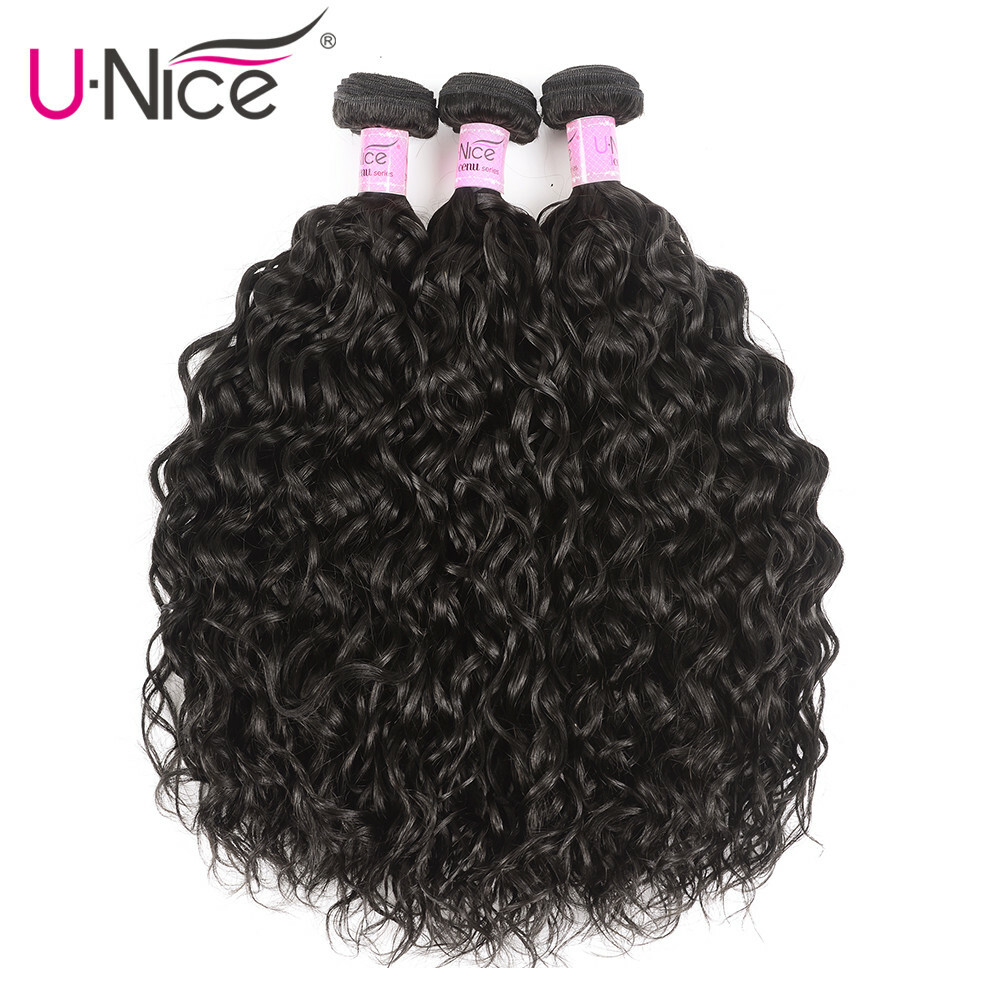 UNice Indian Water Wave 2 Bundles Human Hair Extensions with Lace Closure Weaves