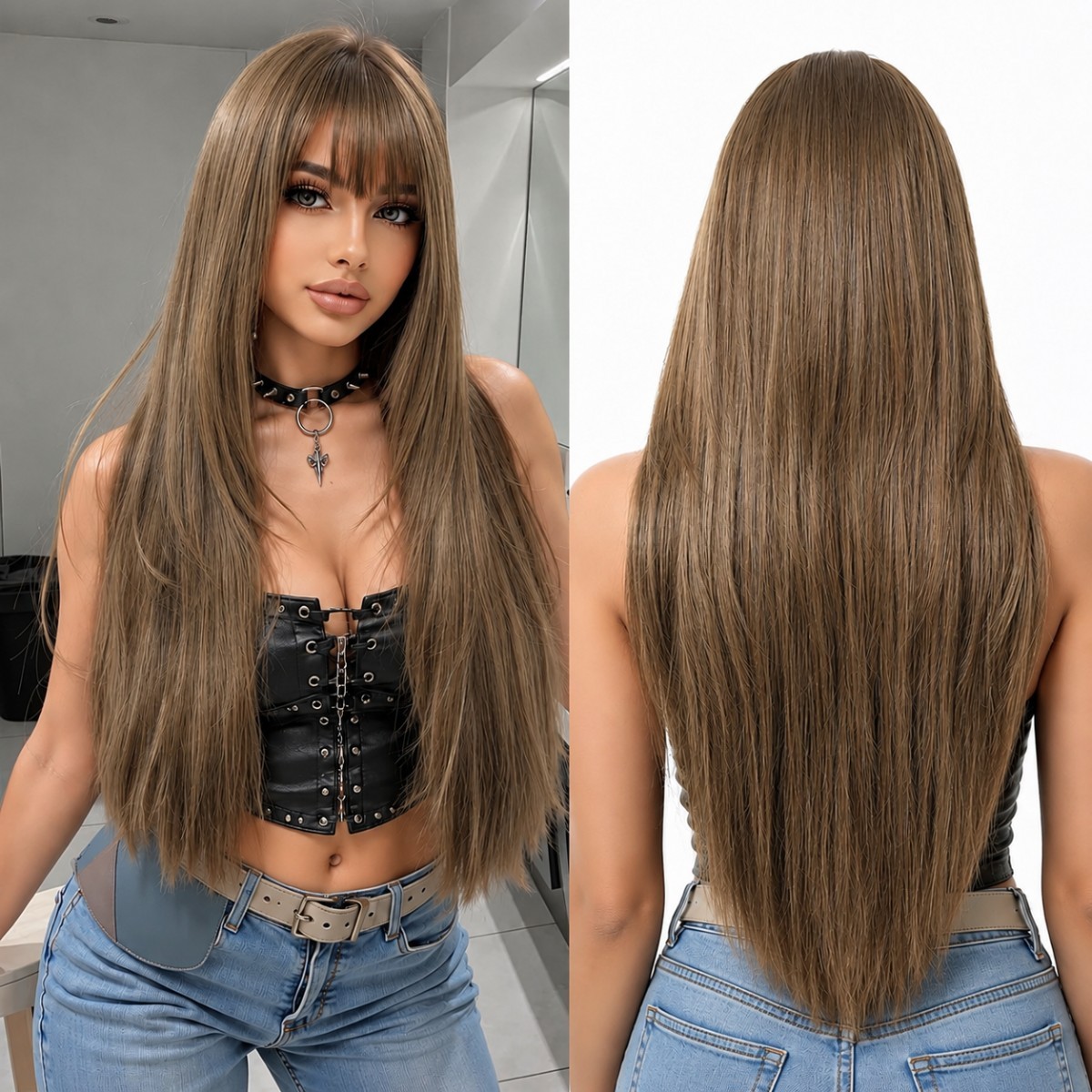 Long Straight Costume Wigs With Fringe Brown Heat Resistant Synthetic Hair