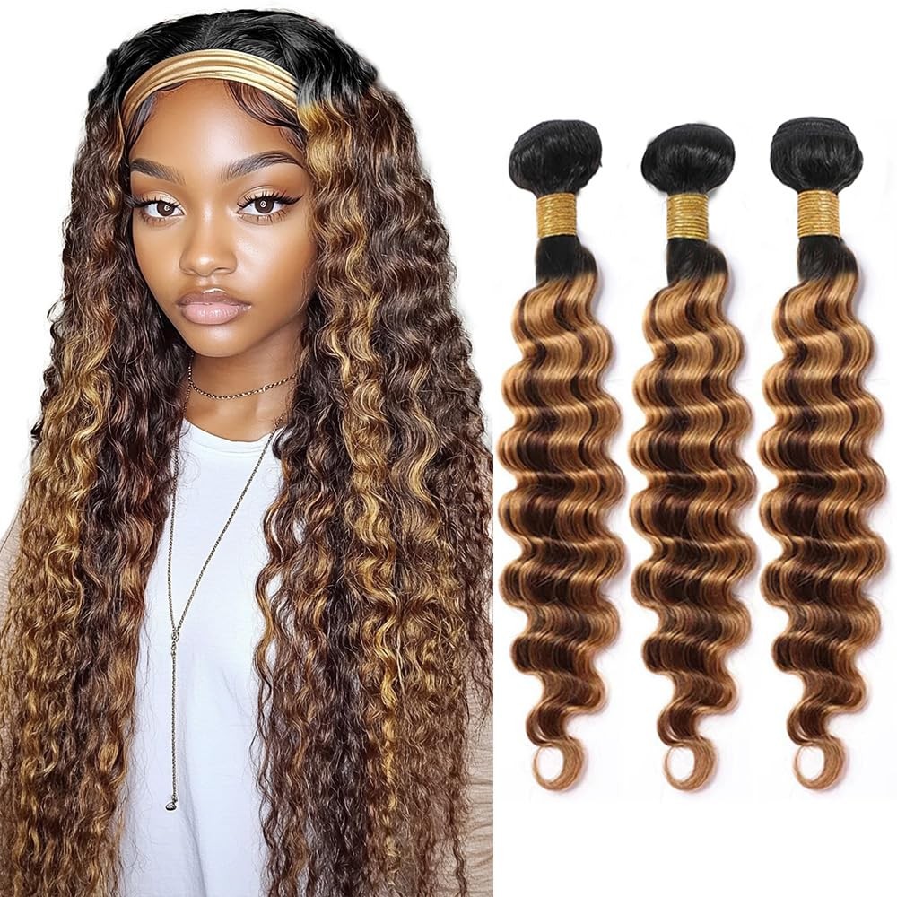 Nuailisex 8 10 12 Inch Highlight Deep Wave Bundles Human Hair P4/27 Brown And