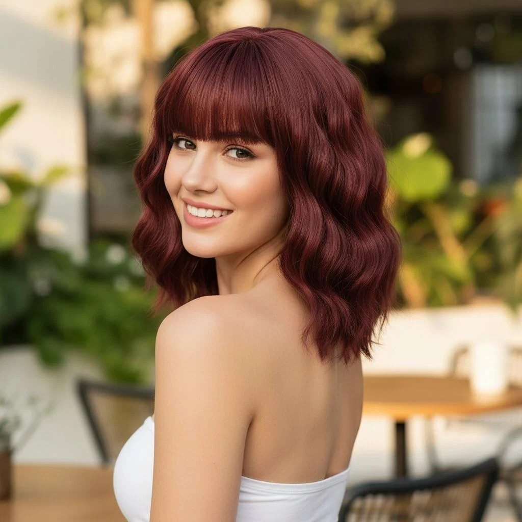 Short Red BOB Wave Wigs with Bang Shoulder Length Synthetic Hair for Women