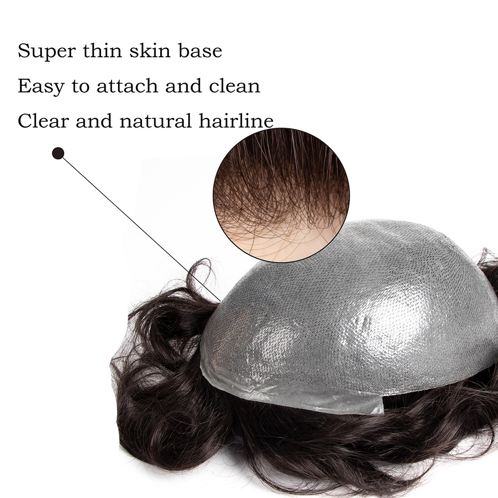GEX Mens Toupee HairPiece V-loop 0.08mm Thin Skin Human Hair Replacement System
