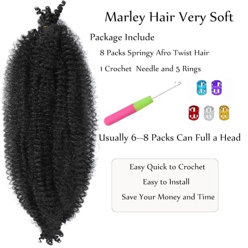 8 Packs Springy Afro Twist Hair Black Marley Twist 10 Inch (Pack of 8) 1B#