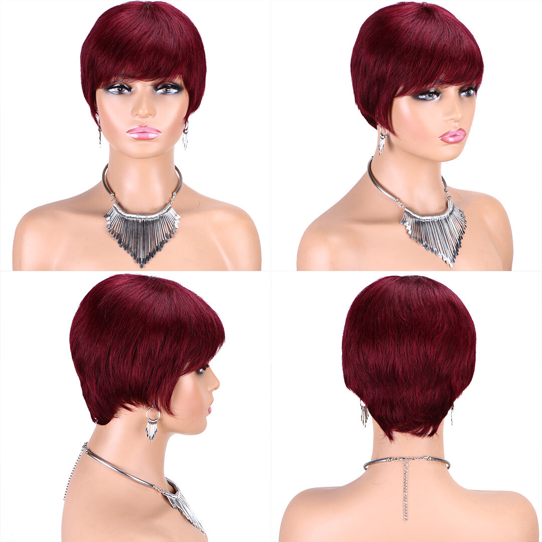 Short Pixie Cut Wigs Full Machine Made Remy Human Hair Wig With Bangs For Women