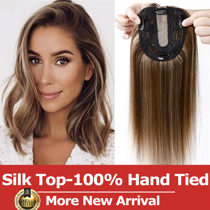 Mono Silk Base Women Topper Clip In Remy Human Hair Extensions Hairpiece Toupee