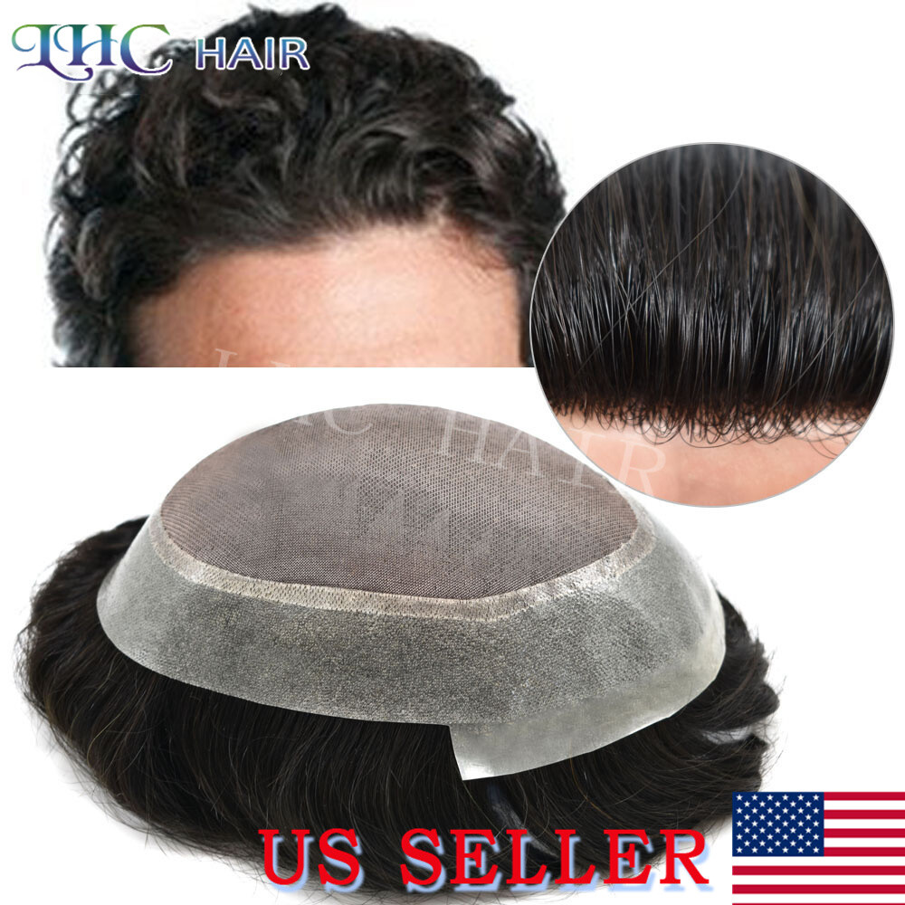 LYRICAL HAIR Mens Toupee Fine Mono Lace Human Hairpiece Skin PU Monofilament Wig