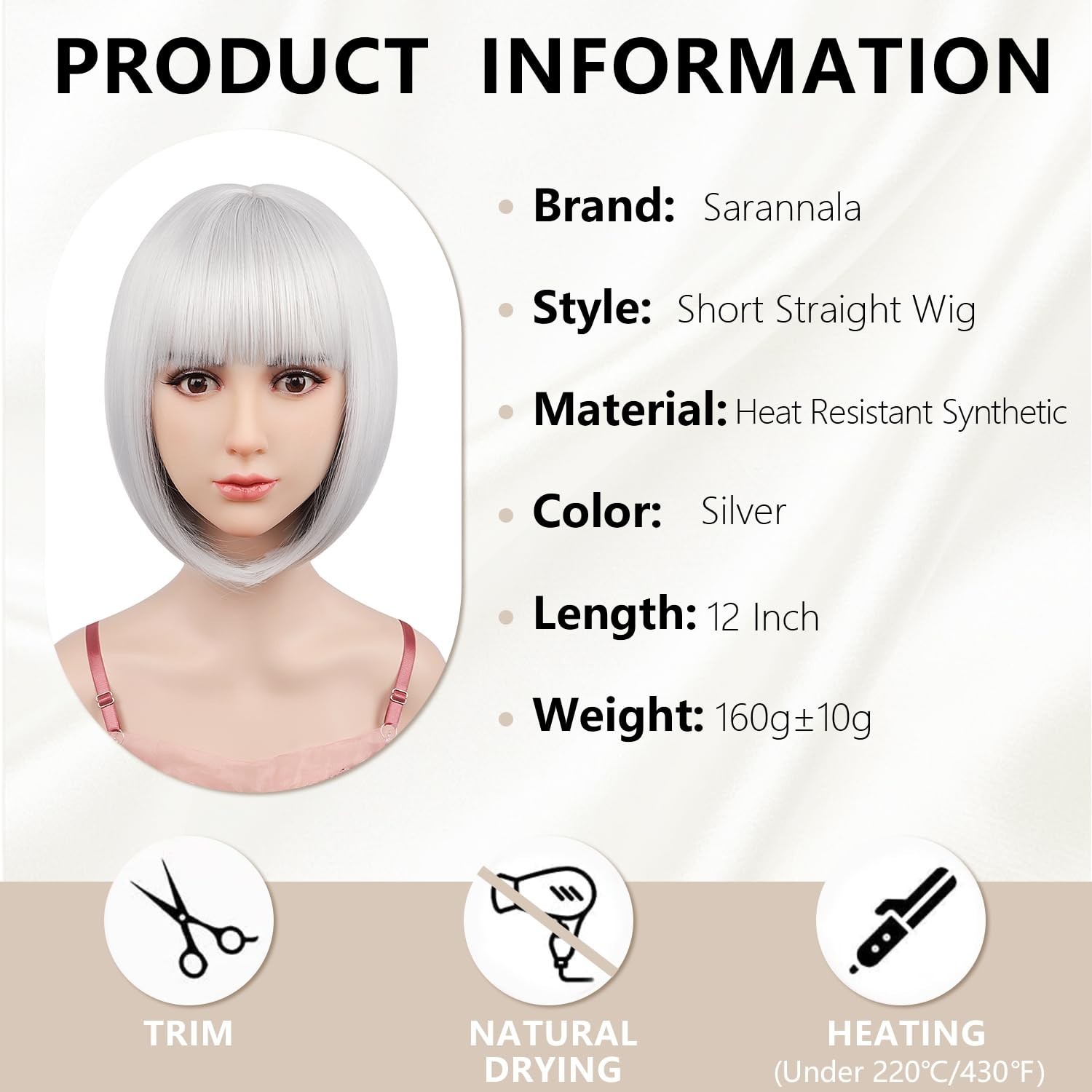12″ Silver Straight Bob Wig for Women Halloween Party 158E106599
