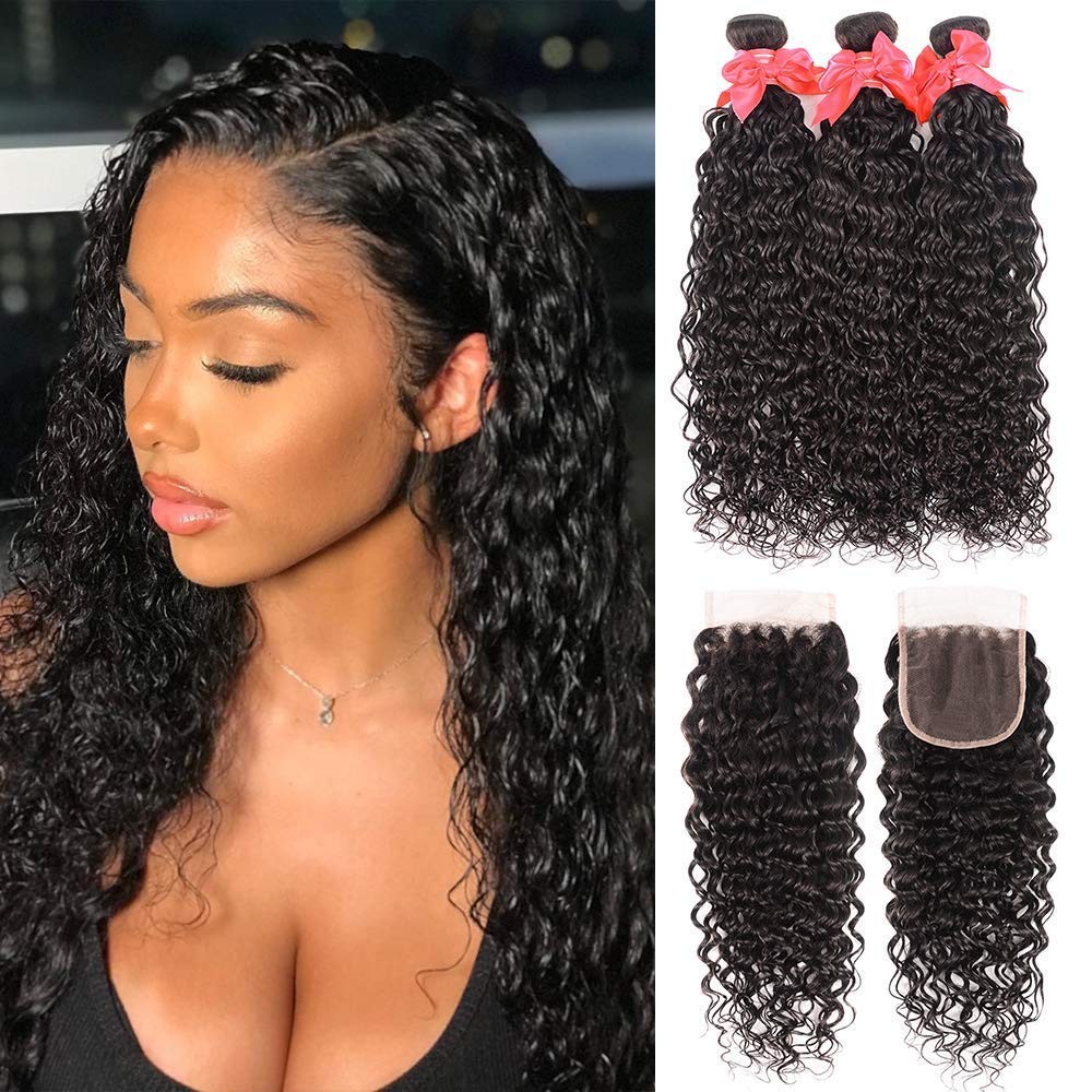 10A Water Wave Bundles with Closure 16 18 20 +14 Wet and Wavy Brazilian Virgin