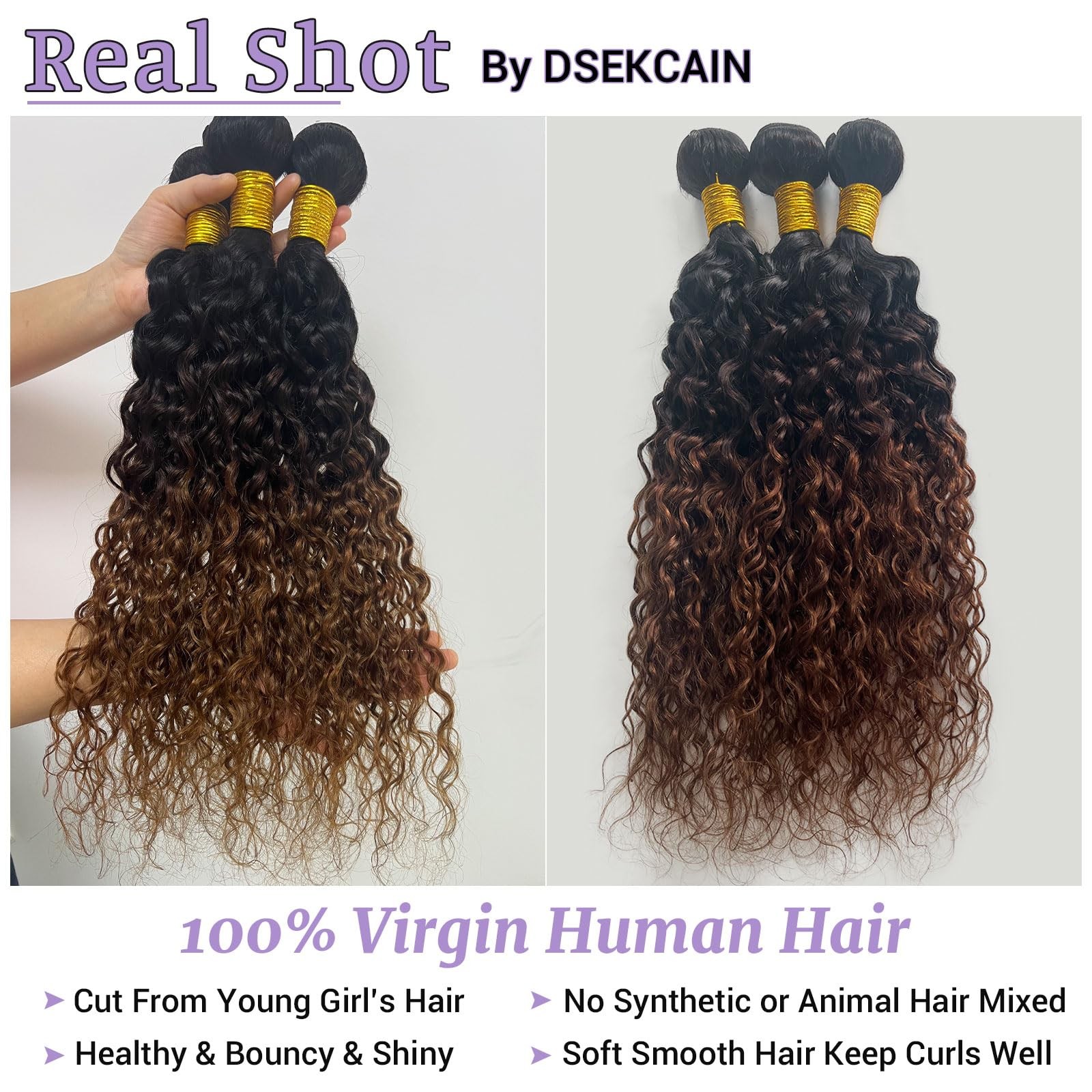 Dsekcain Ombre Bundles Human Hair Water Wave Chestnut Brown Ombre Curly Bundles