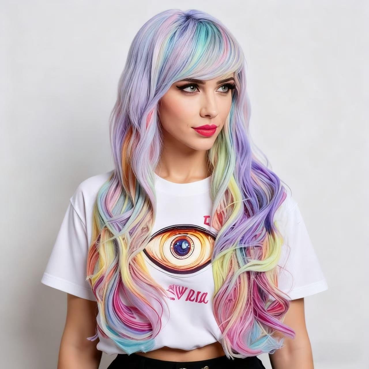 Rainbow Colorful Wigs for Women 26 Inches Long Wavy Fashion Synthetic Full He…