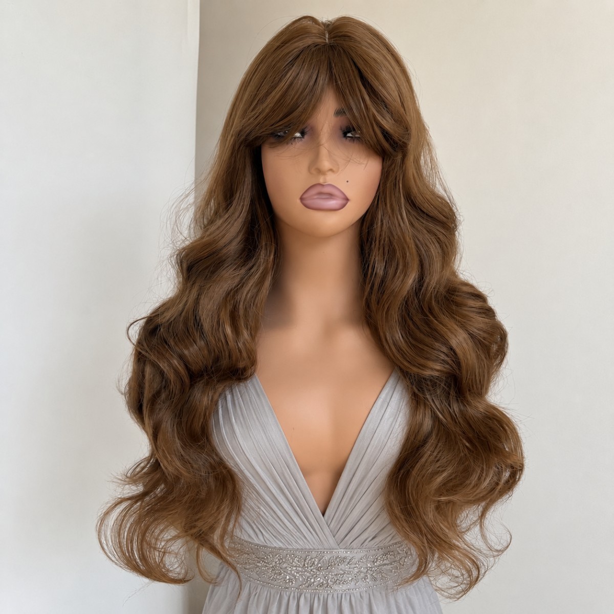 Synthetic Hair Soft Long Wavy Dress Up Wigs With Fringe Medium brown