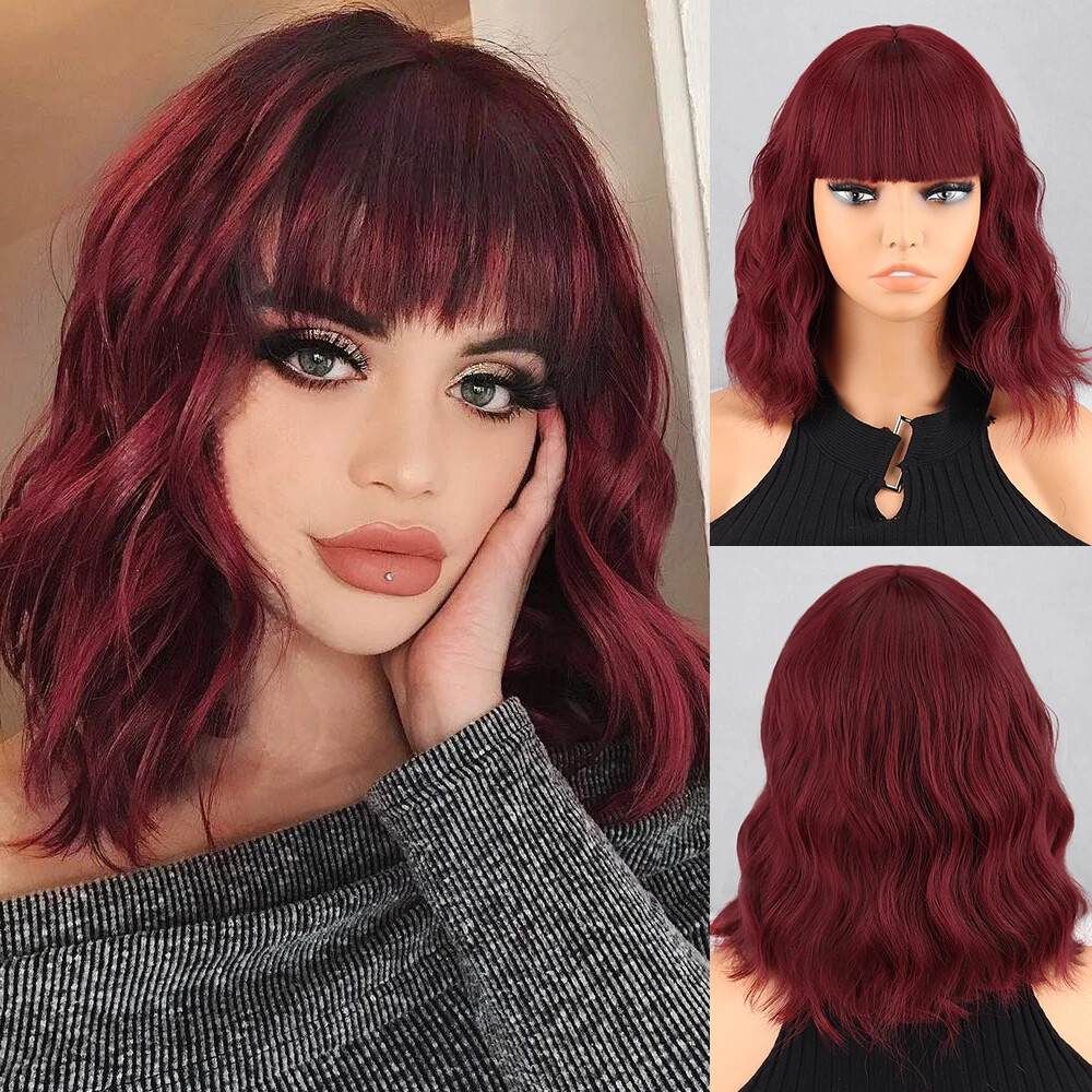 New Short Brown Synthetic Wig Women’s Bangs Dark Blue Pink Black Wig Party Use
