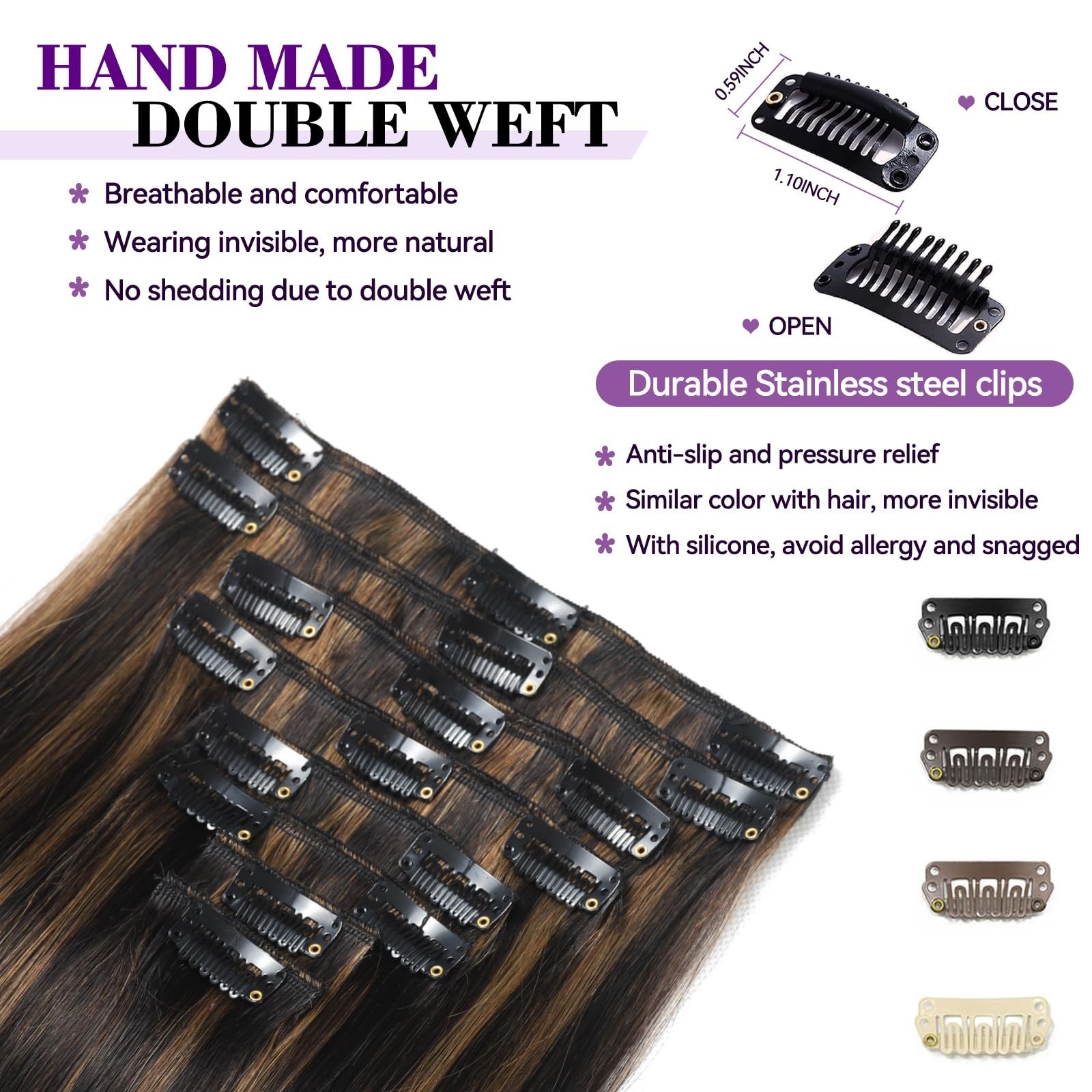 Invisible Clip-In Hair Extensions – 24″ Remy Human Hair, 120g, Balayage Highligh