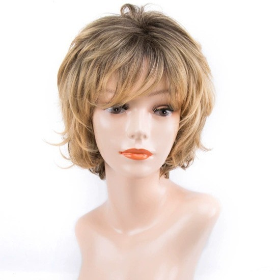Wavy Short Fluffy Rooted Blonde Mix Synthetic Hair Wigs Women Soft Natural Daily
