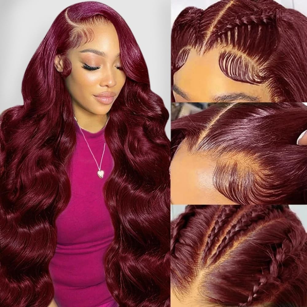 30″ 99J Burgundy Body Wave Lace Front Wig, 200 Density, Pre-Plucked Human Hair