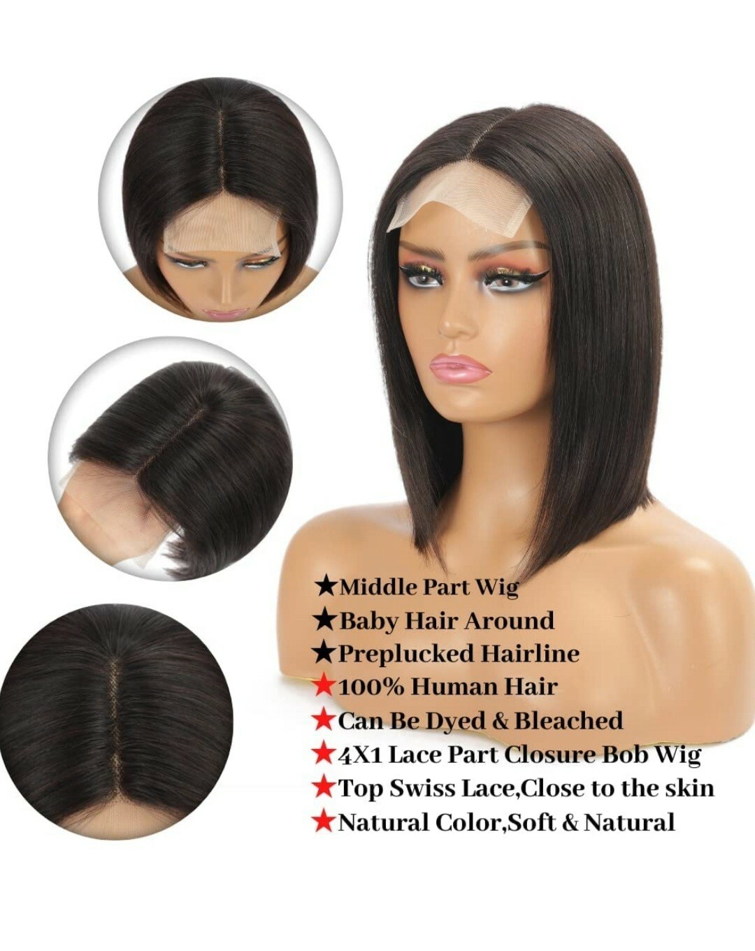 4X4X1 T Part Lace closure Bob 14 Inch Straight Bob Human Hair Wig