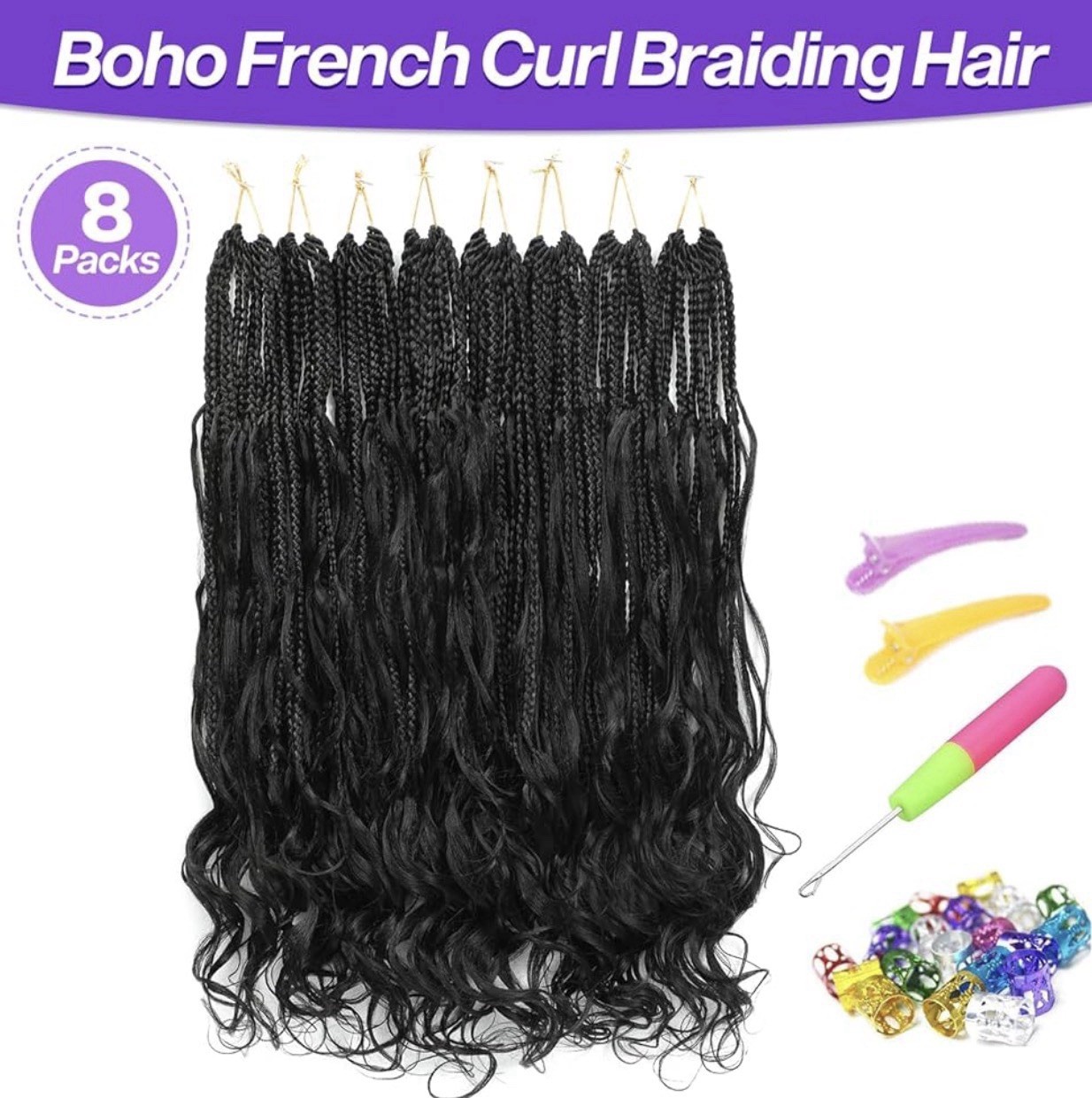French Curl Boho Crochet Braids 24inch 8 Pack Pre-Looped Synthetic Hair