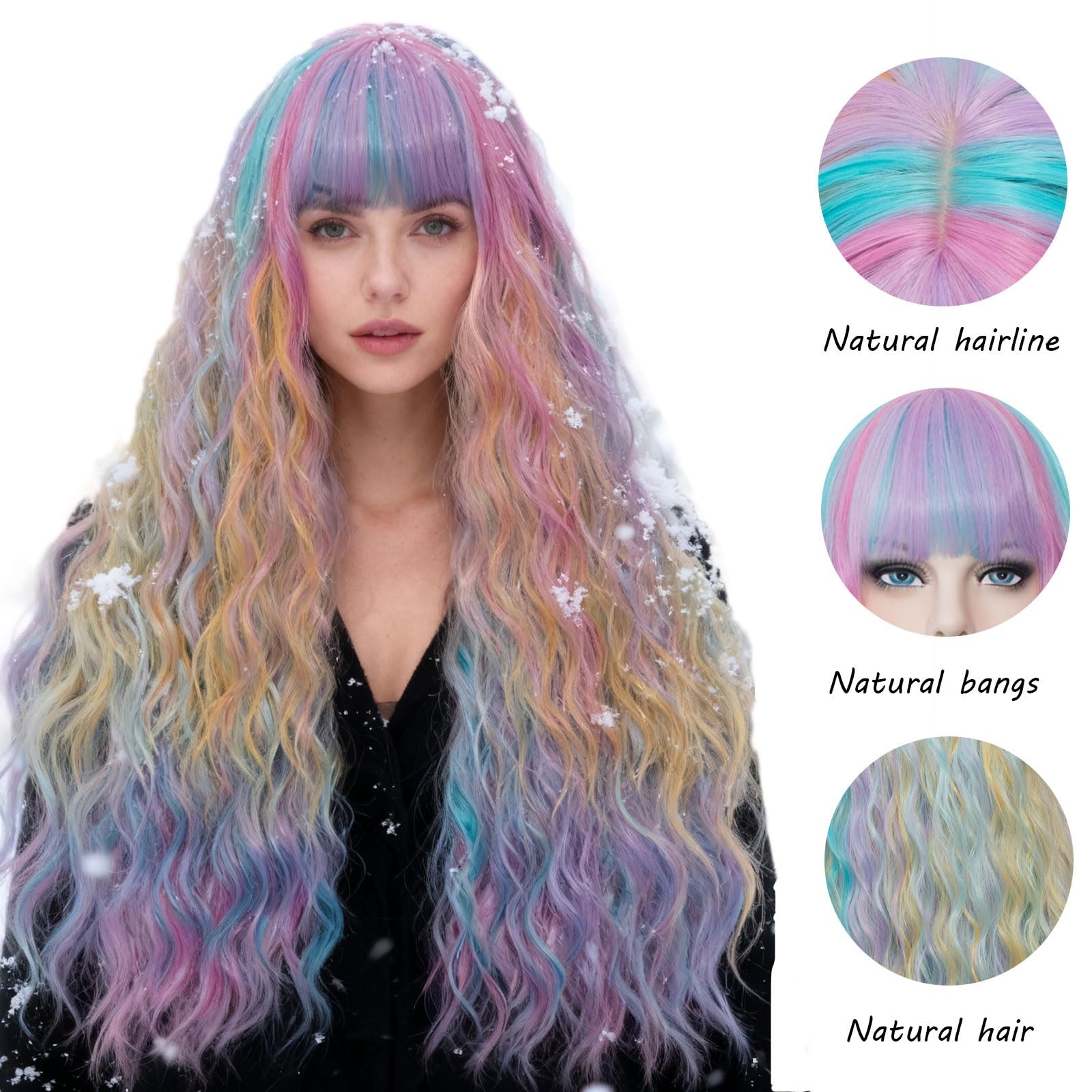 Women’s Multi Color Rainbow Wig 27”Long Curly Wavy Wig Flat Bangs Wig For Wo…