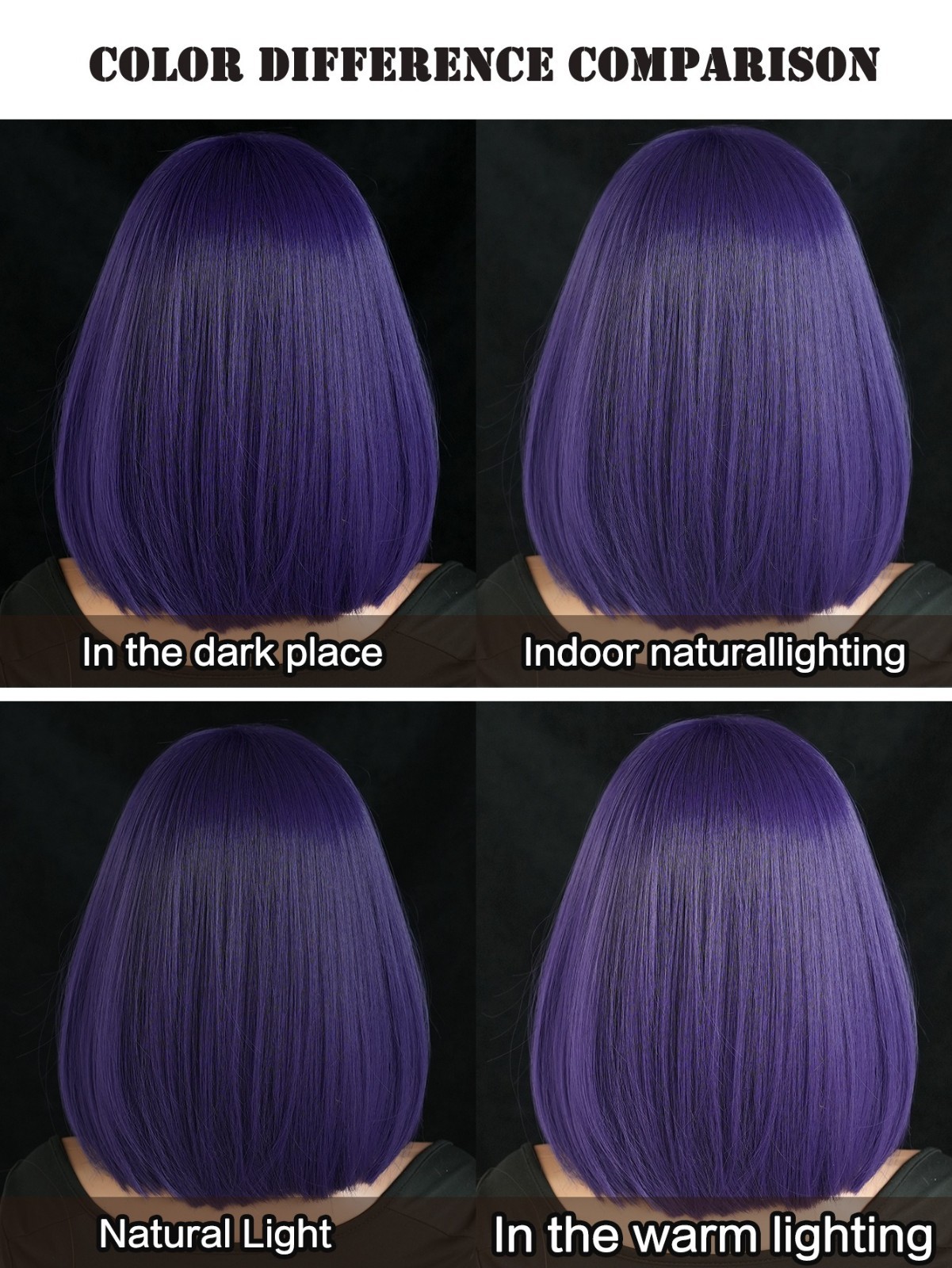 Wig girl with purple short straight hair wearing dark magic girl outfit with wig