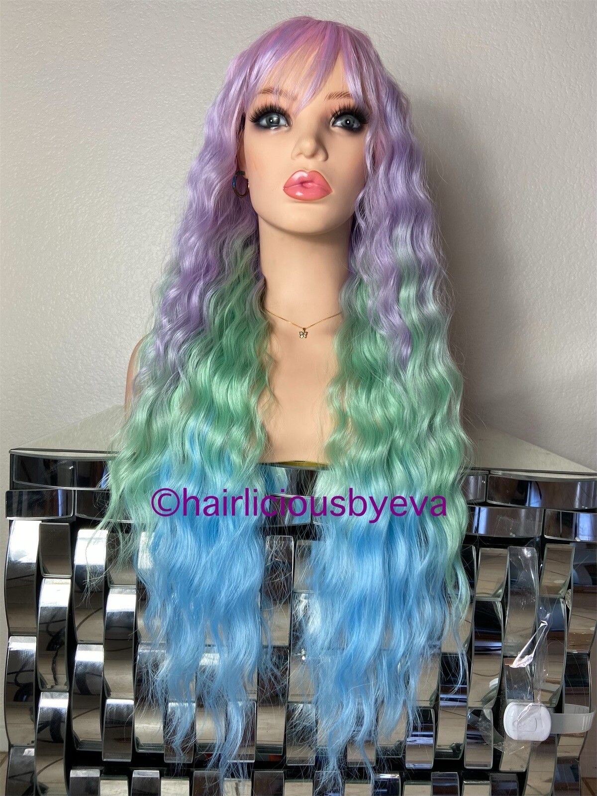 Pastel rainbow wig with bangs 24 inch long heat ok wavy