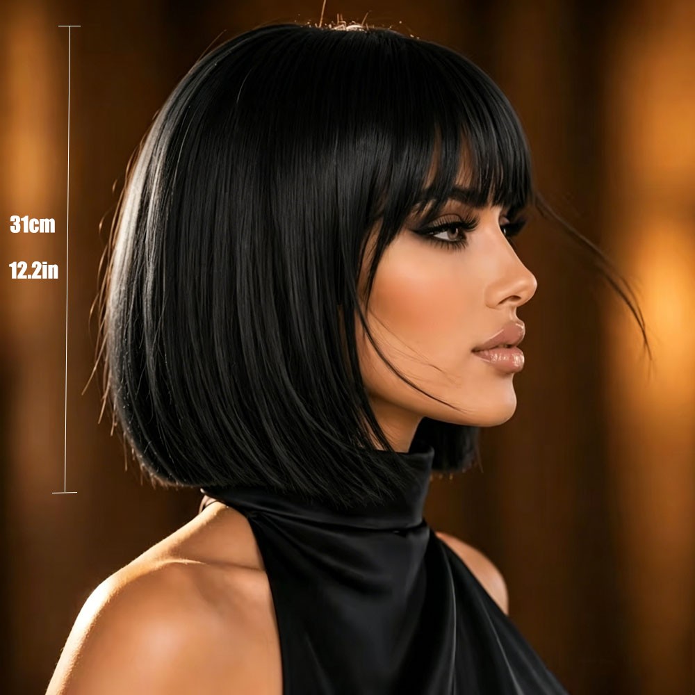12″Bob Wig with Bangs, Natural Straight Synthetic Hair for Women Daily Wear US