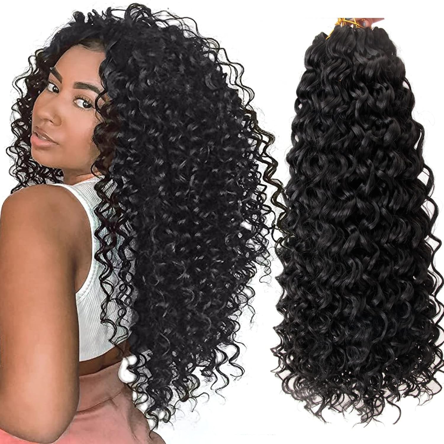 8 Packs Curly Crochet Hair Synthetic Water Wave 18 Inch for Women Natural Black
